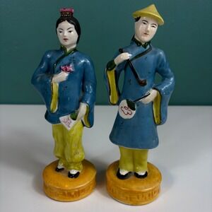 Occupied Japan Moriyama Porcelain Asian Couple Figurines Blue Robes 1940s